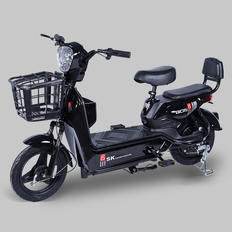 White Label SK Electric Bike in black with front basket and rear passenger seat