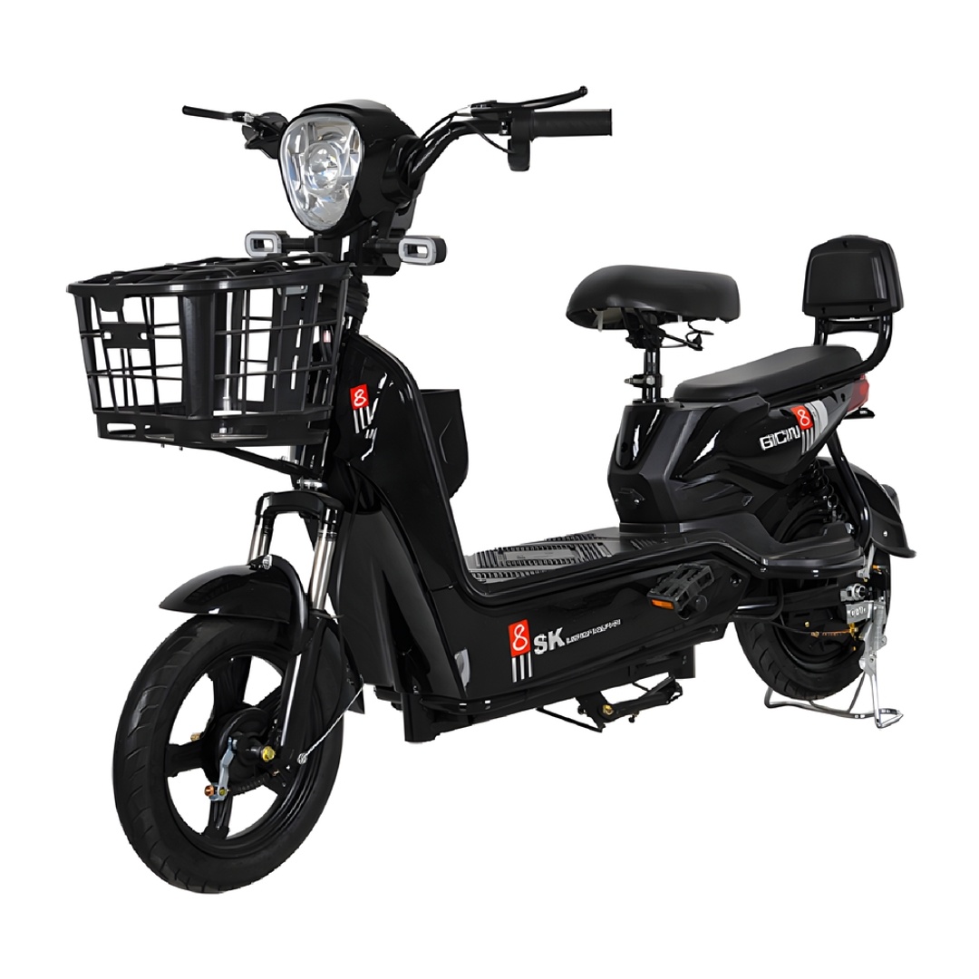 White Label SK Electric Bike in black with front basket and rear passenger seat